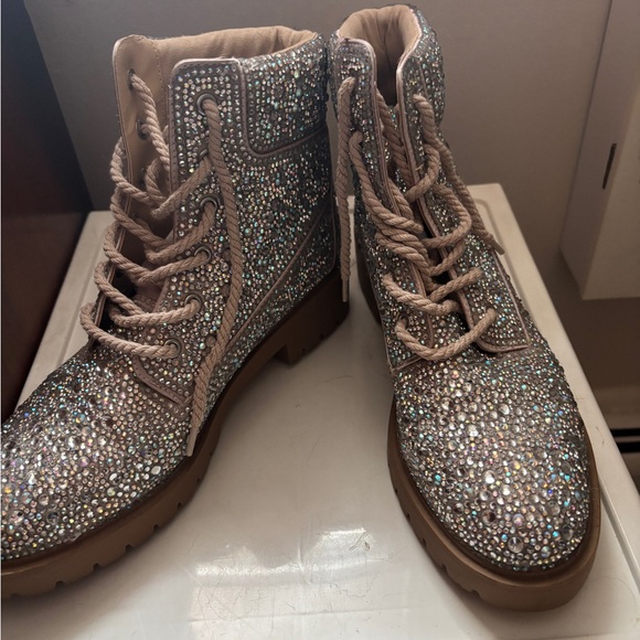 Betsey Johnson Taupe Rhinestone Lace-Up Ankle Boots - Picture 2 of 6